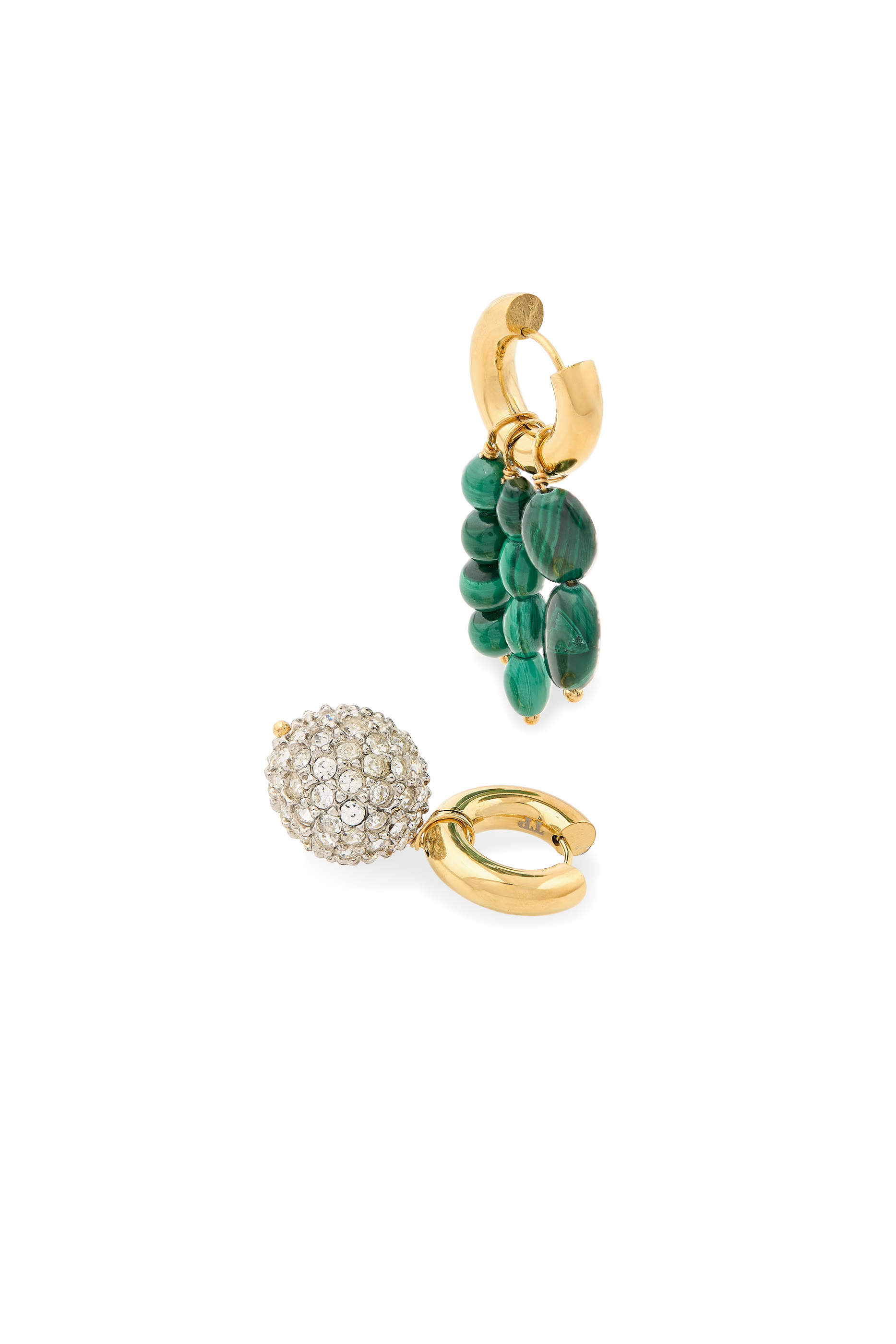 Mismatched Earrings,  24K Gold-Plated Brass with Strass  Malachite