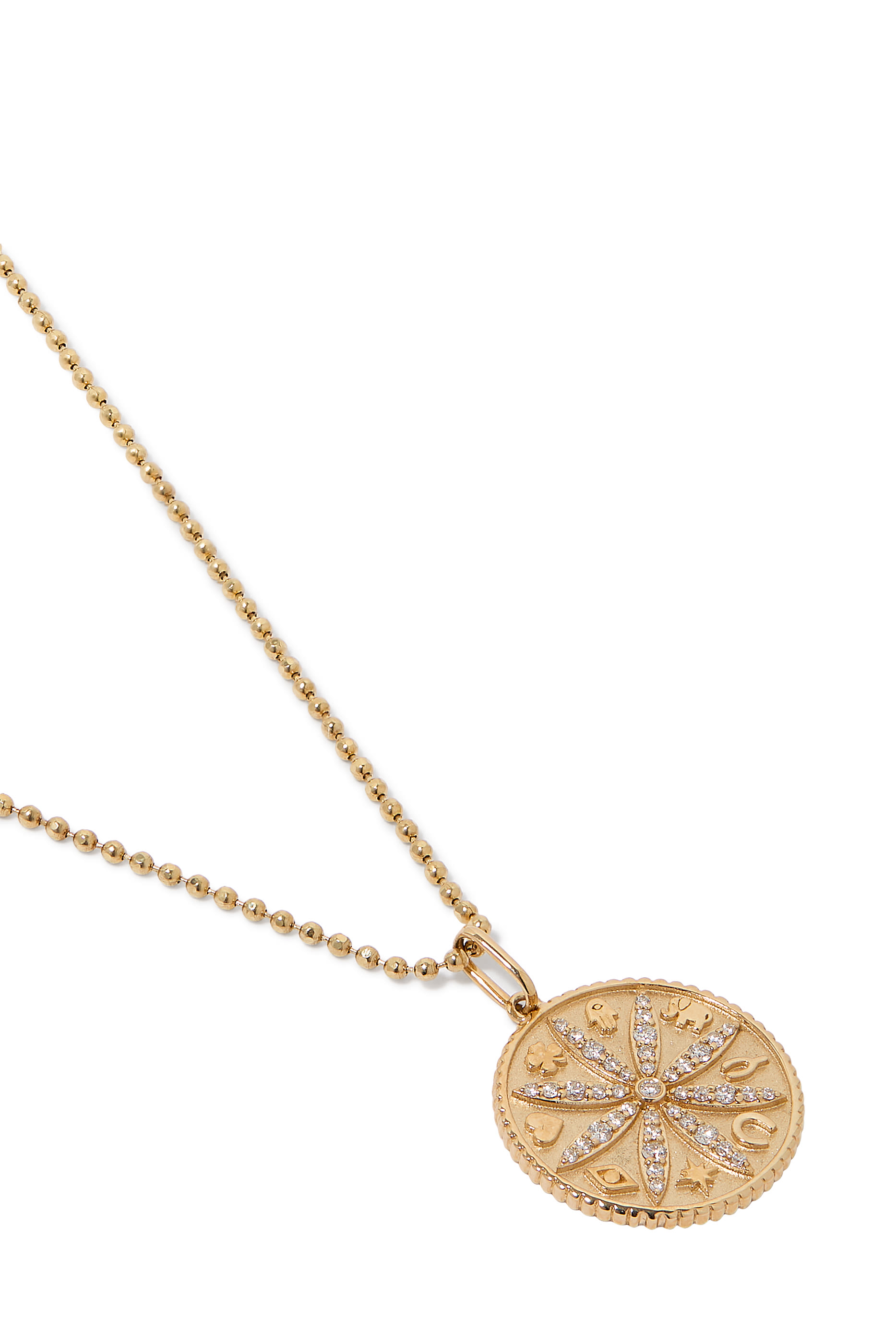 Sand Dollar Coin Charm Necklace, 14k Yellow Gold   Diamonds