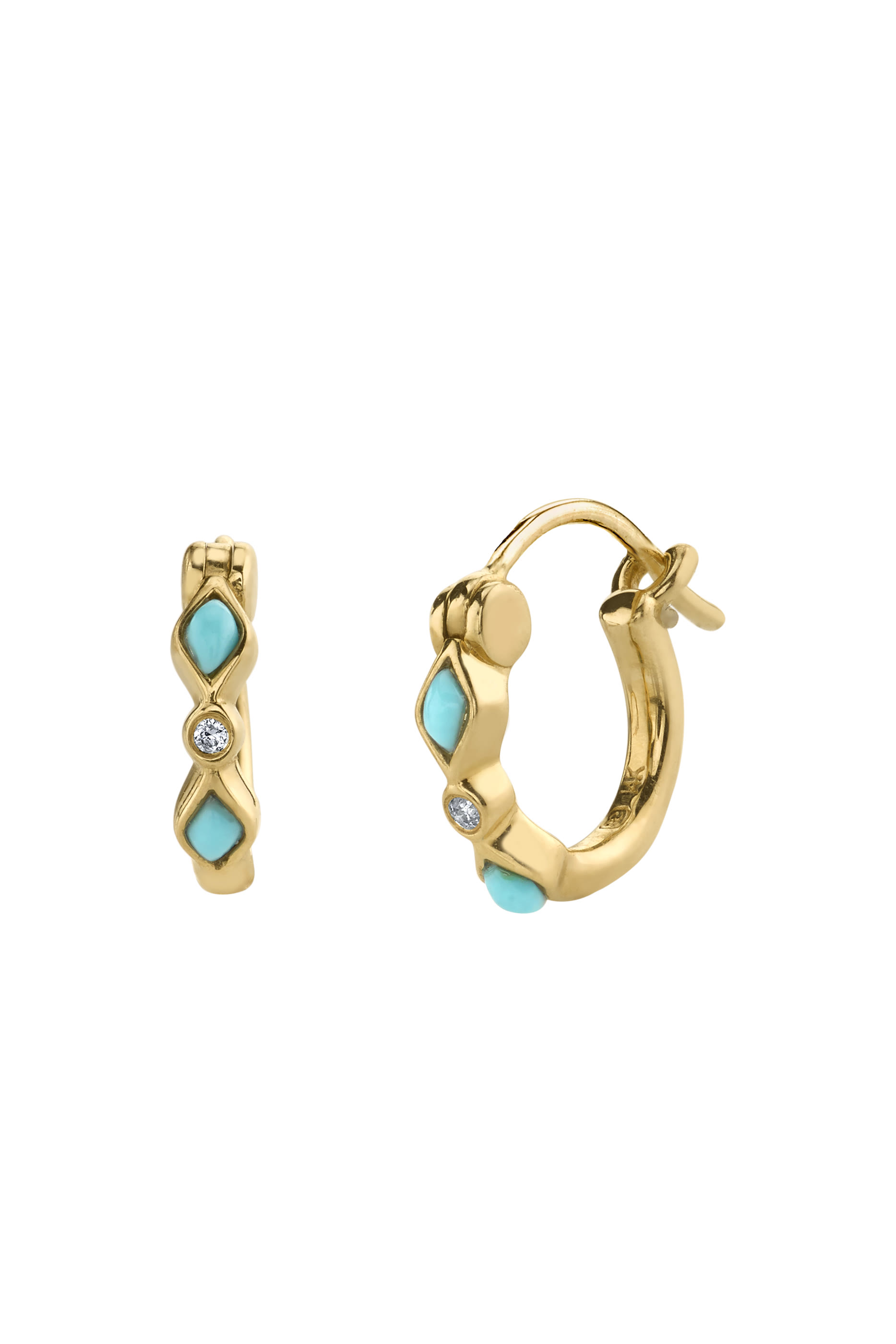 Kids Huggie Earrings, 14k Yellow Gold Diamonds  Turquoise