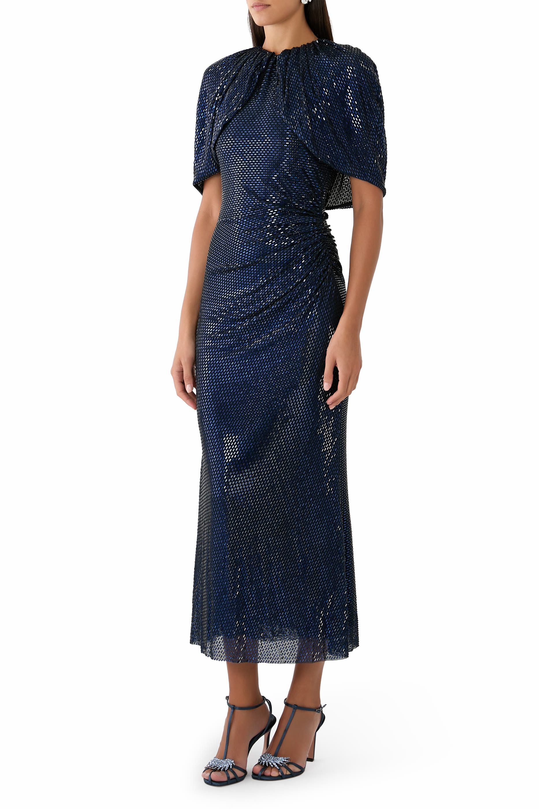 Rhinestone Cape Sleeves Midi Dress