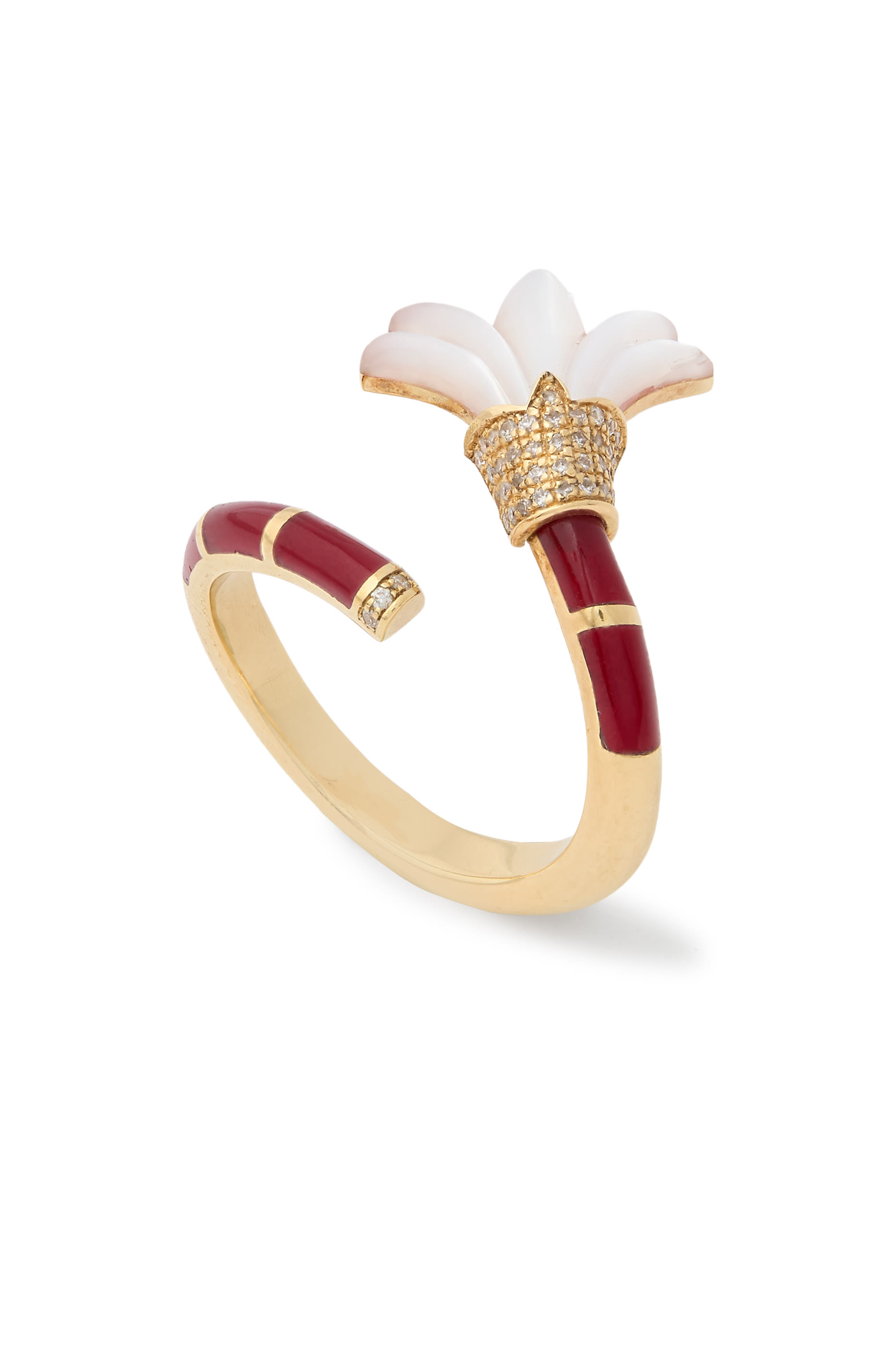 Flower Pinky Ring, 18k Yellow Gold with Diamonds  Mother Of Pearl