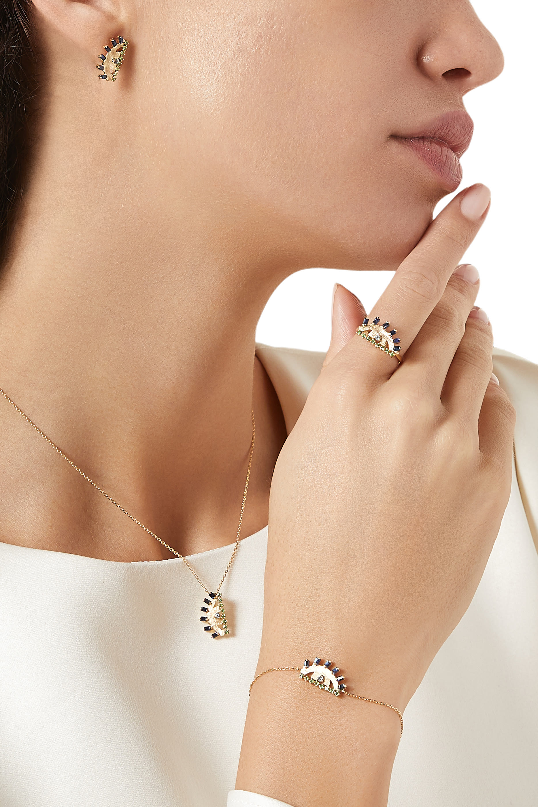 Ya Ein Necklace, 18k Yellow Gold  Topaz, Emerald, Sapphire