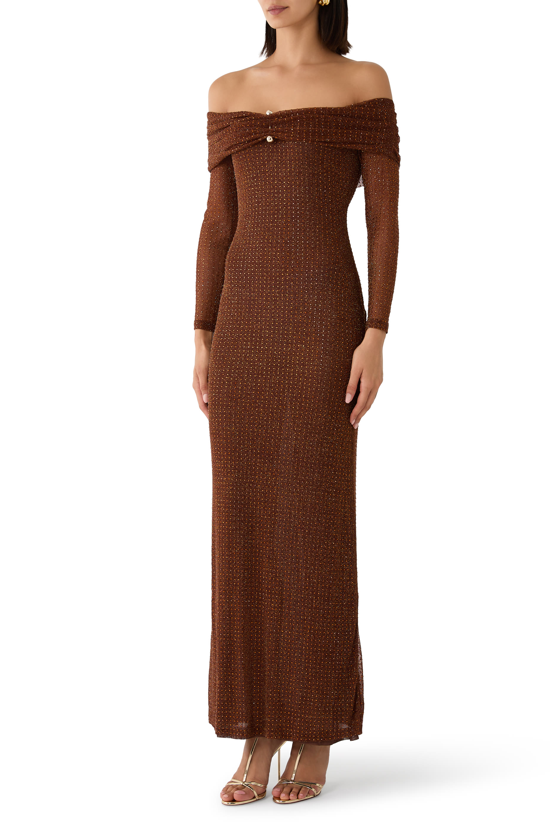 Rhinestone Mesh Off-Shoulder Maxi Dress