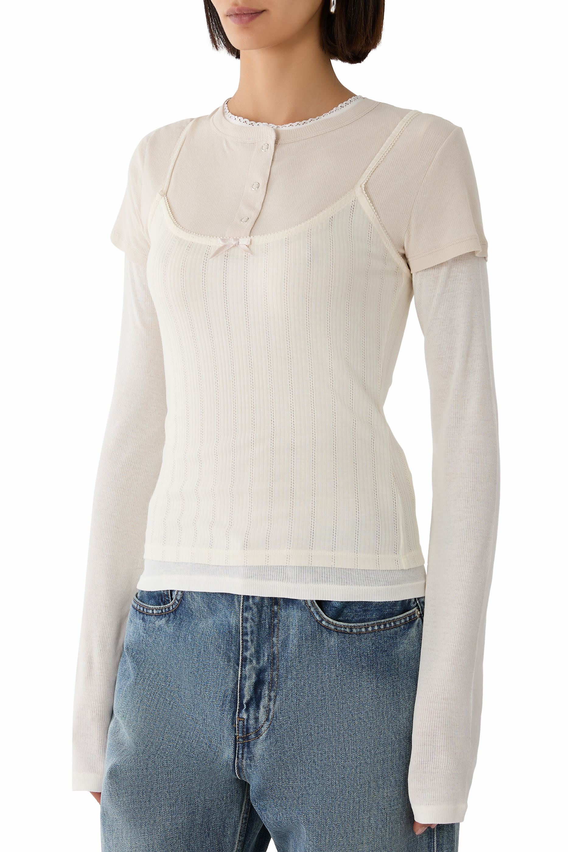 Layered Jersey Shirt With Bow 