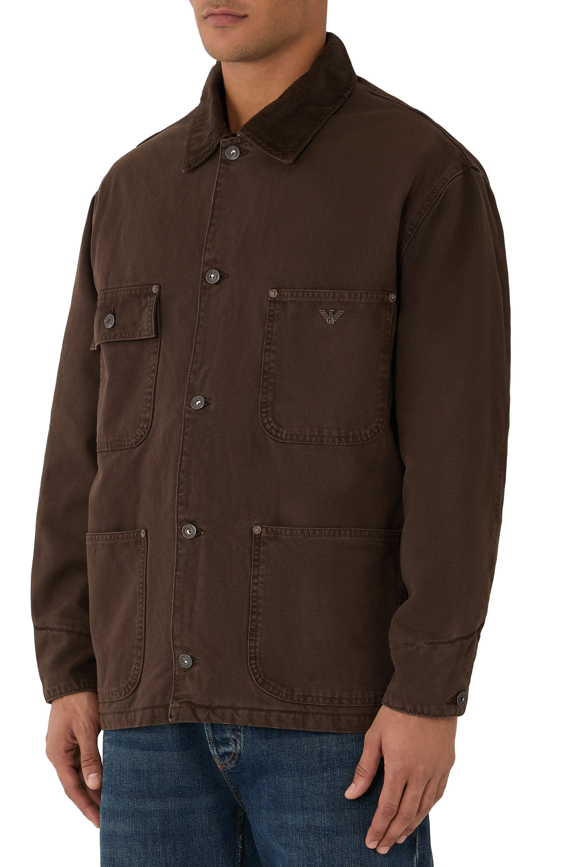 Corduroy Collar and Patch Pocket Caban Coat