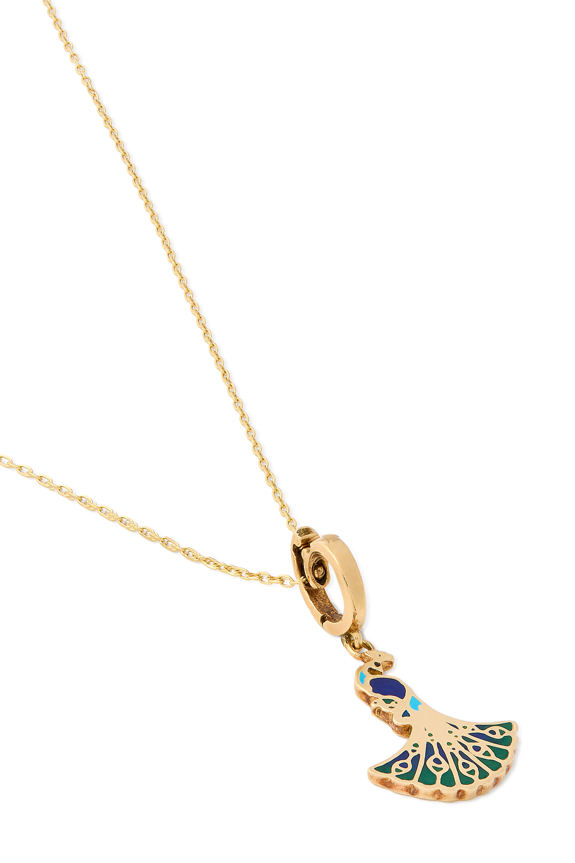Wise Peacock Pendant, 18K Yellow Gold with Multicoloured Enamel  Diamonds