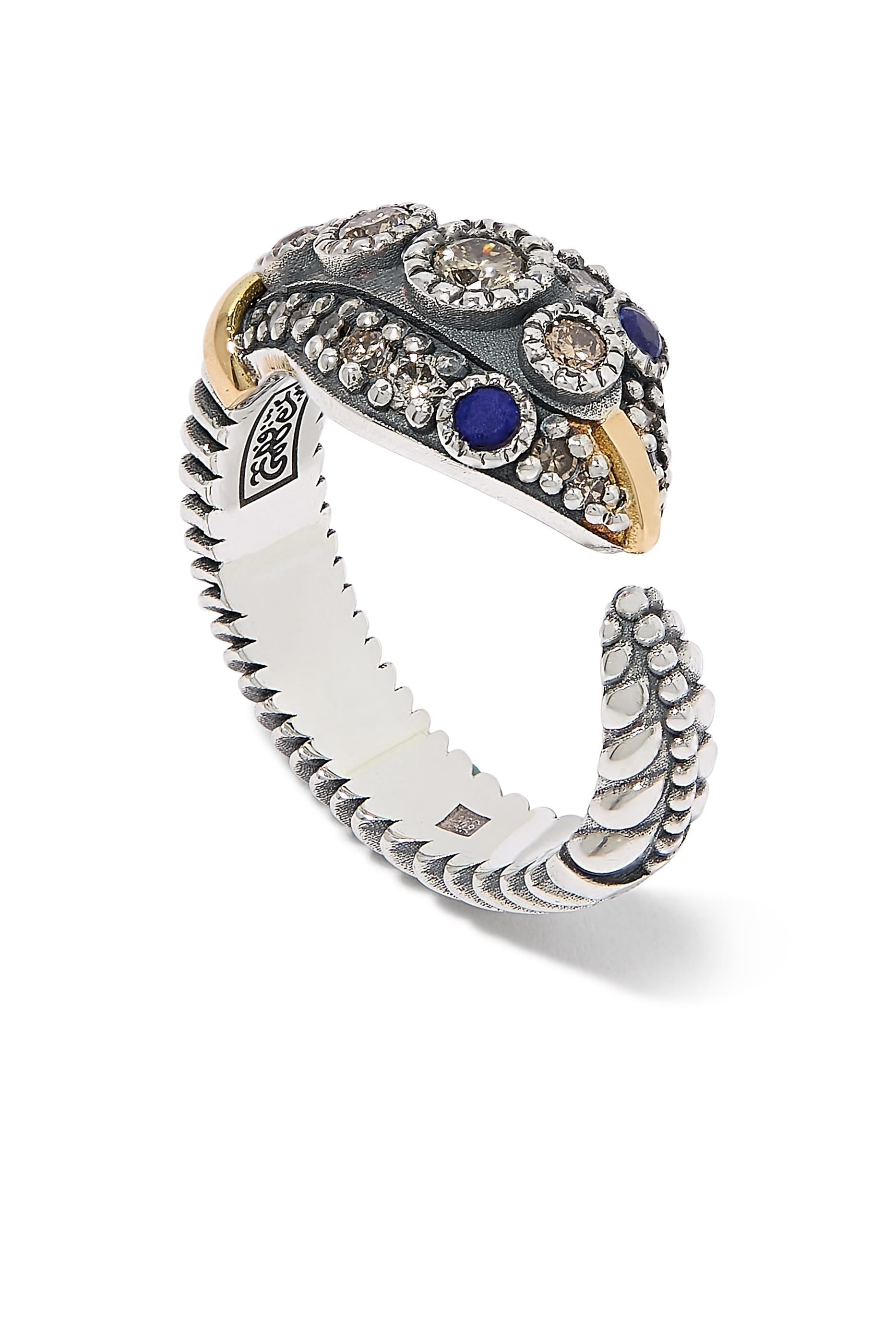  Guardian Snake Ring, 18K Yellow Gold with Sterling Silver, Lapis  Diamonds