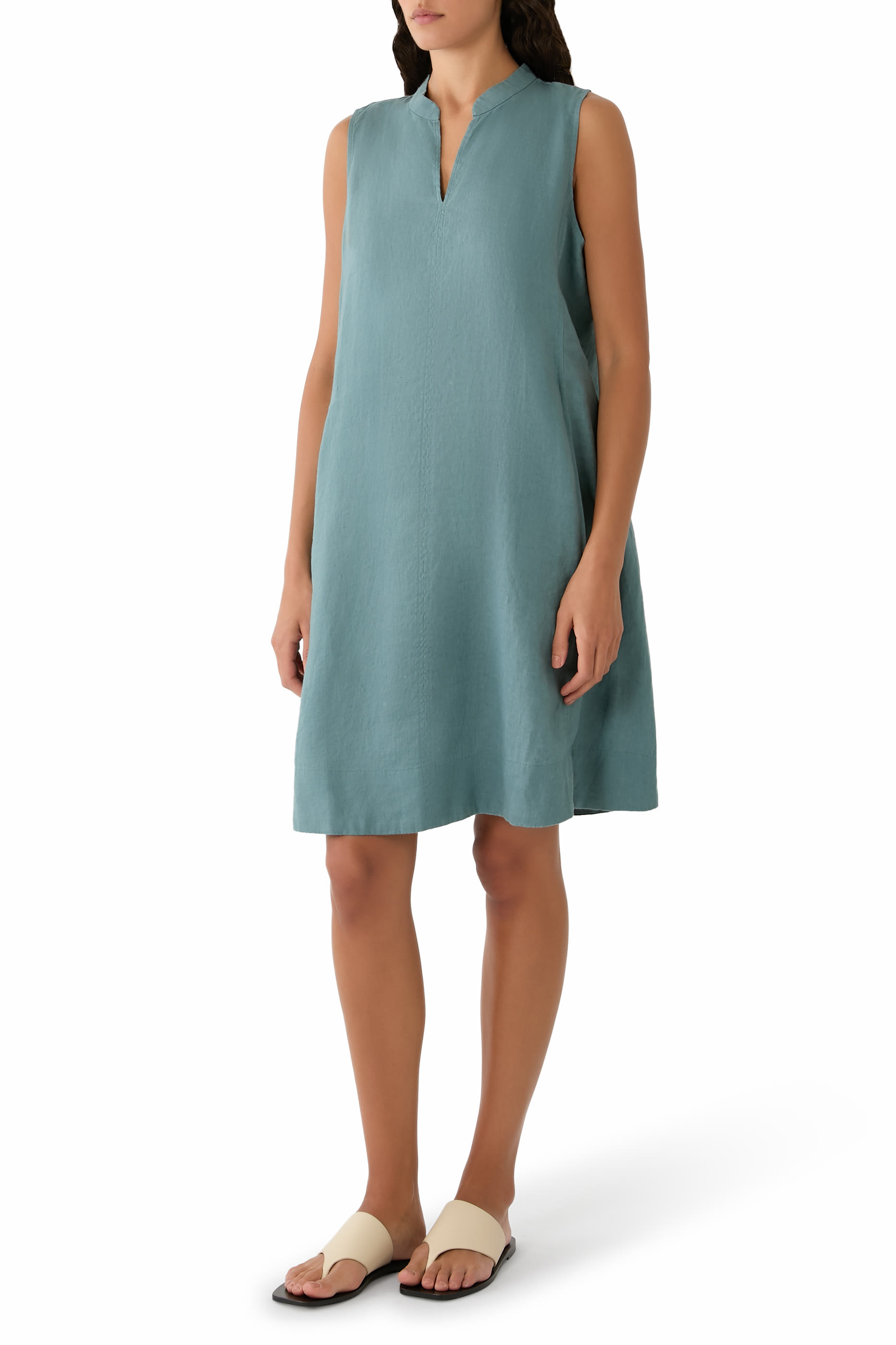 Organic Linen Split Neck Dress 