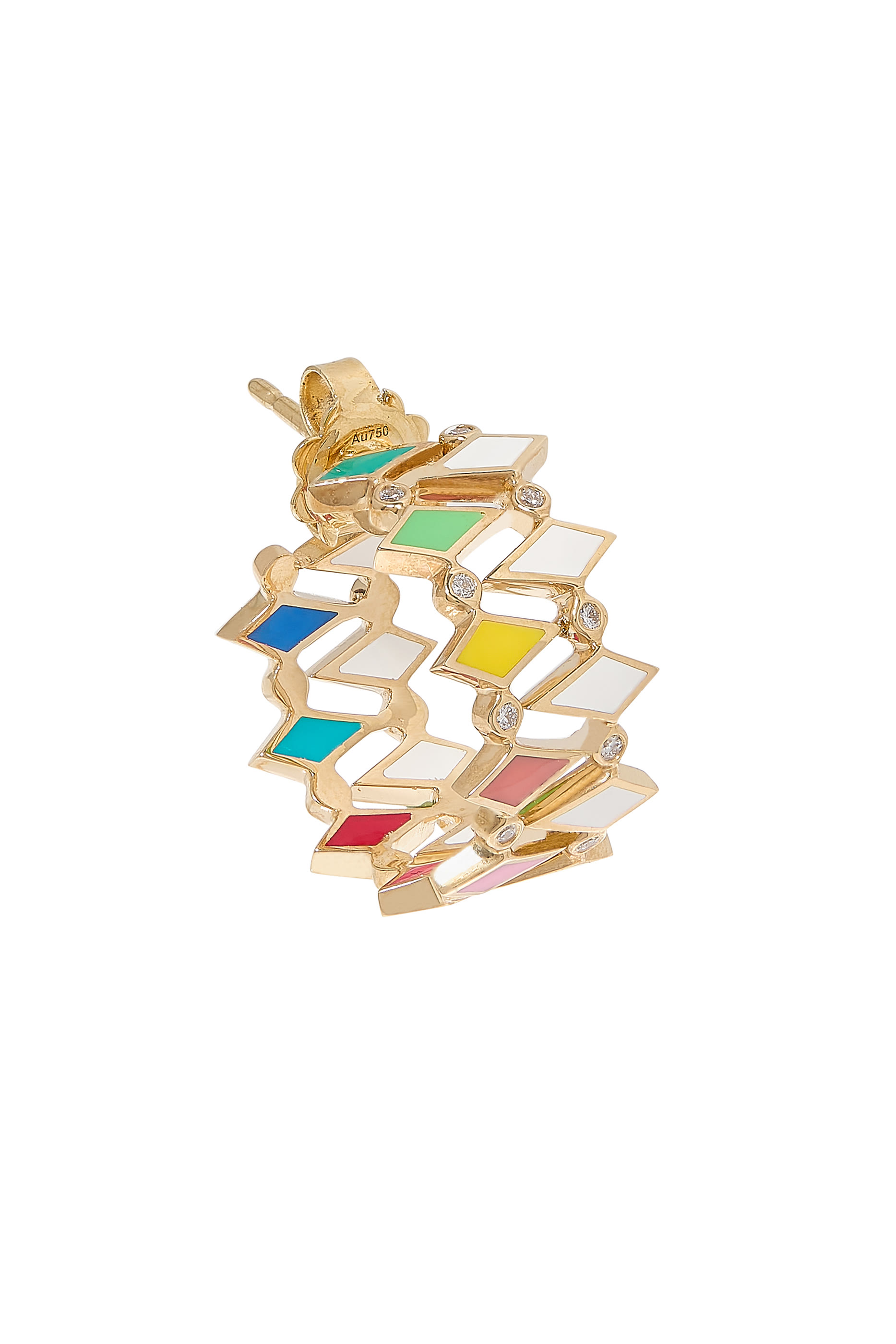 Mosaic Earrings, 18k Yellow Gold  Diamonds, Enamel