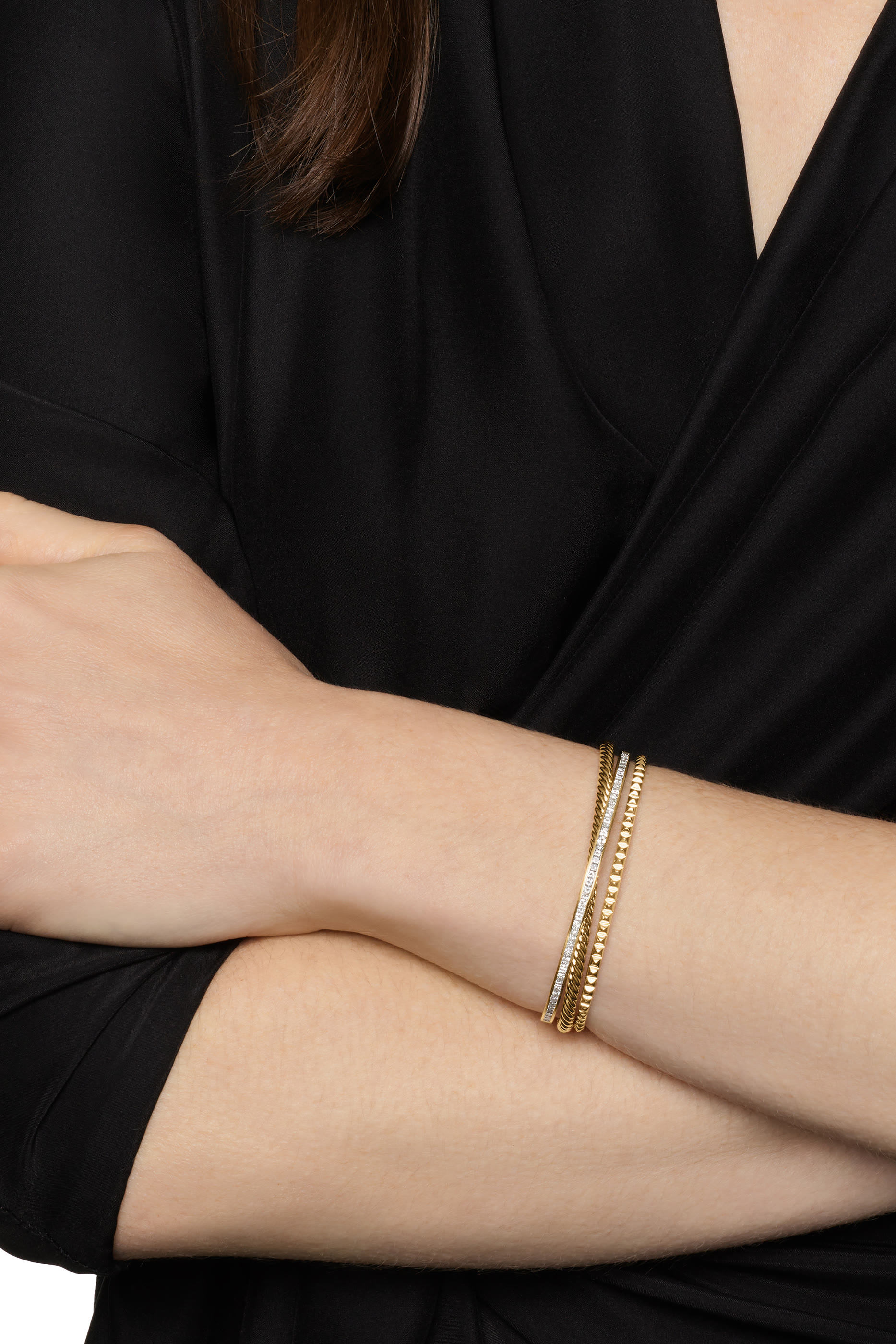 Crossover Trio Three Row Cuff Bracelet,  18K Yellow Gold  Diamonds