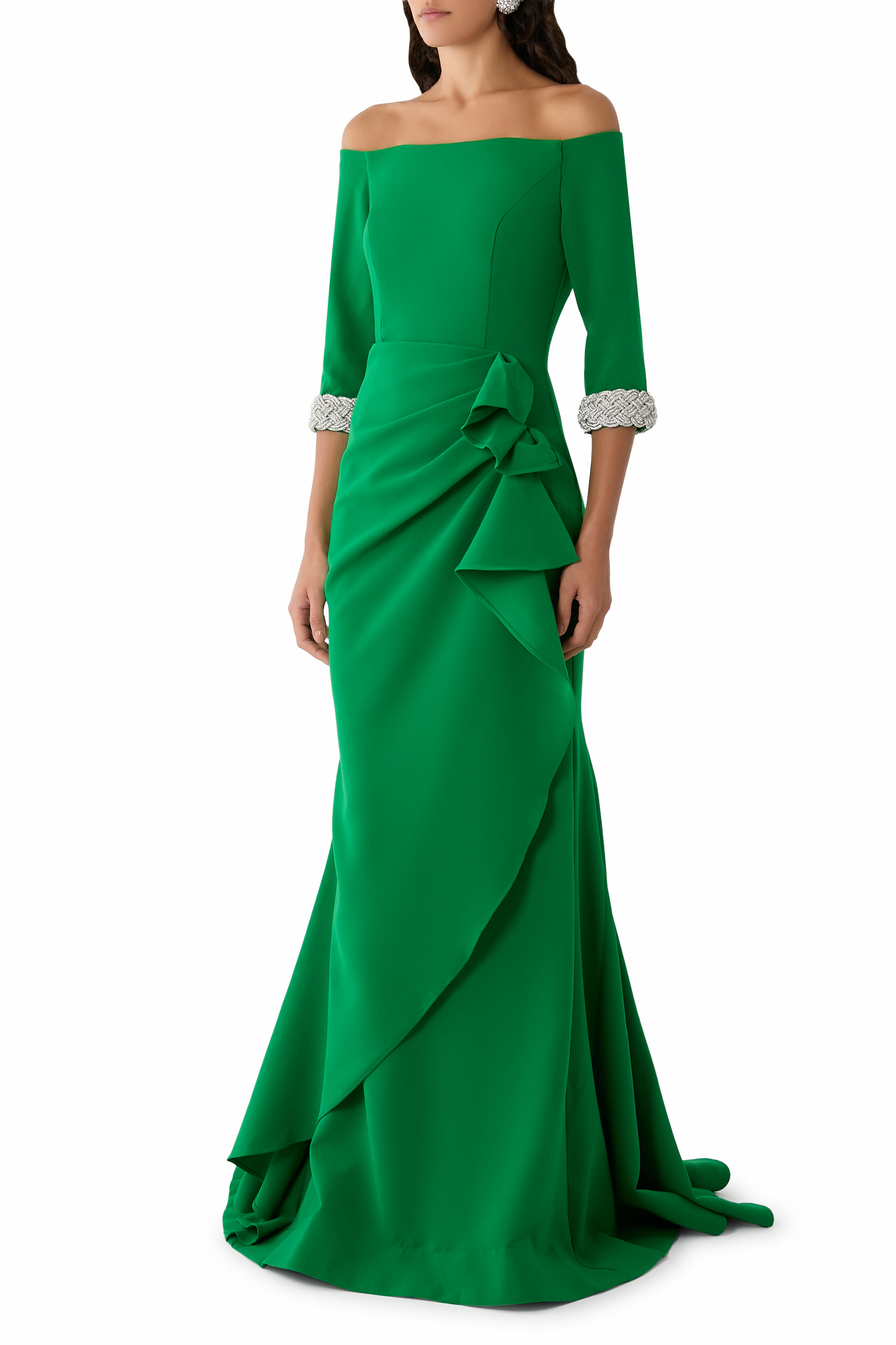 Off-Shoulder Gown with Beaded Cuffs 