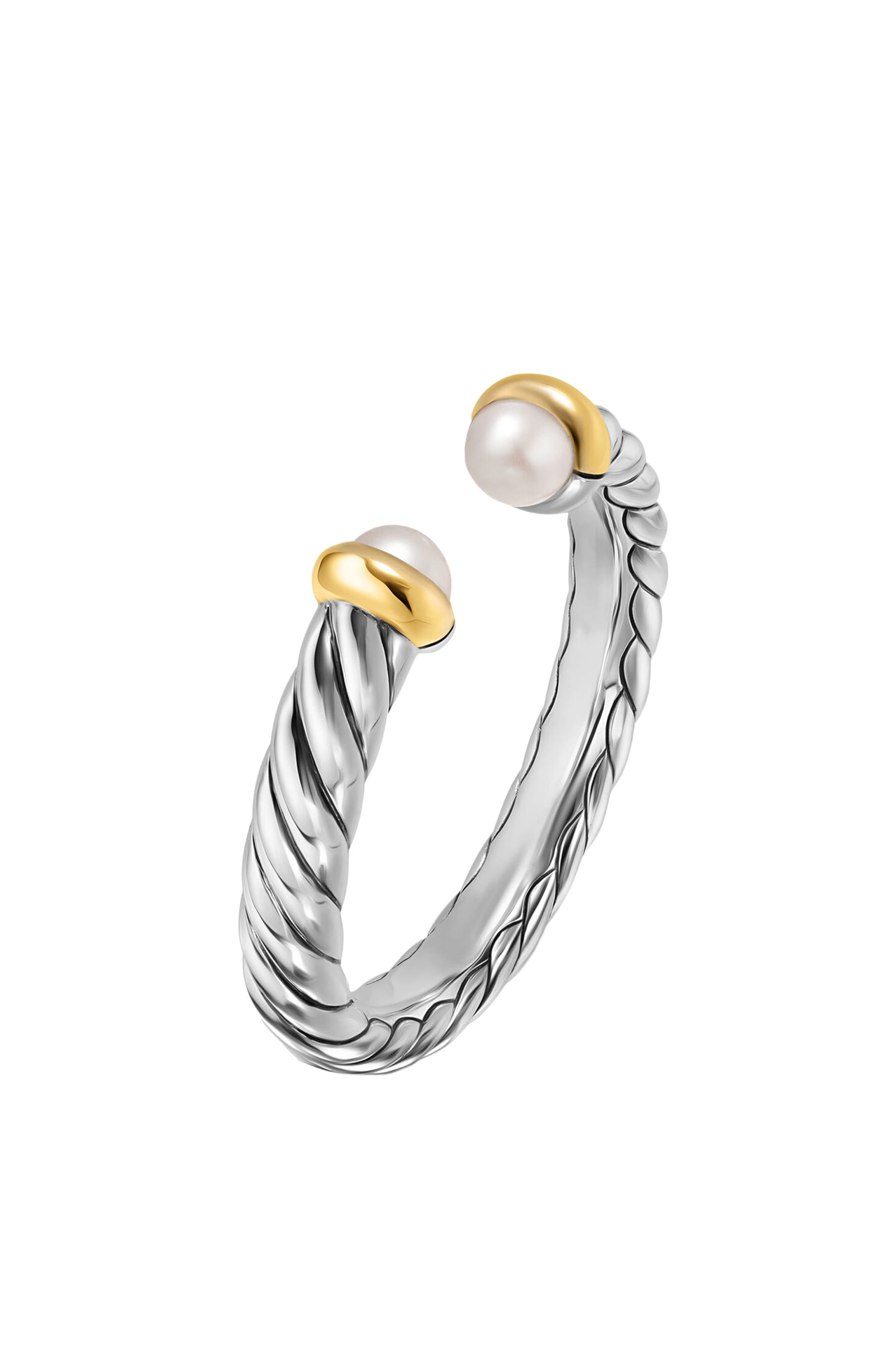 Petite Cable Open Ring, Sterling Silver with 14K Yellow Gold  Pearls