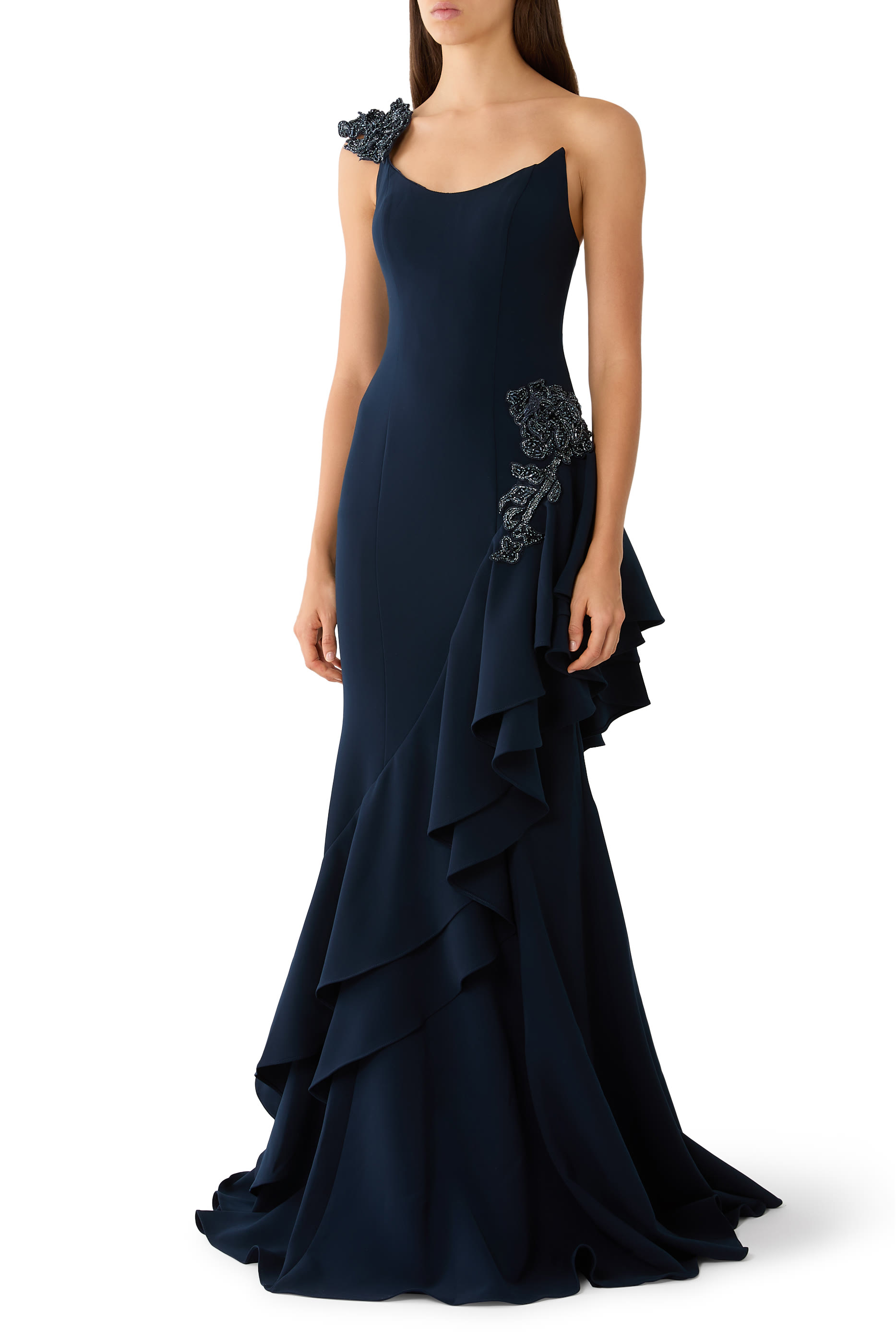  One Shoulder Formal Gown with Layered Ruffle Skirt