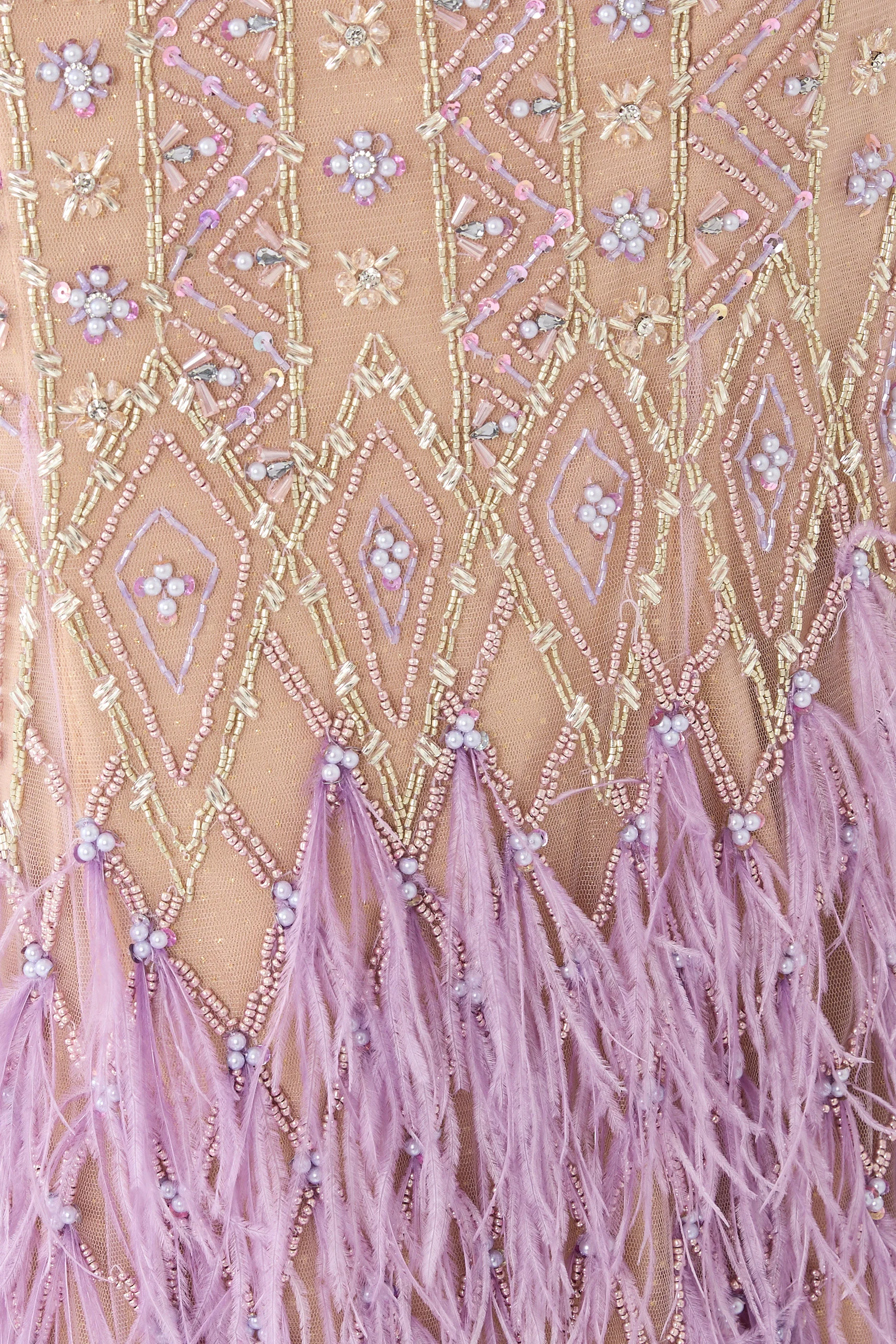 Feather Trim Embellished Evening Dress