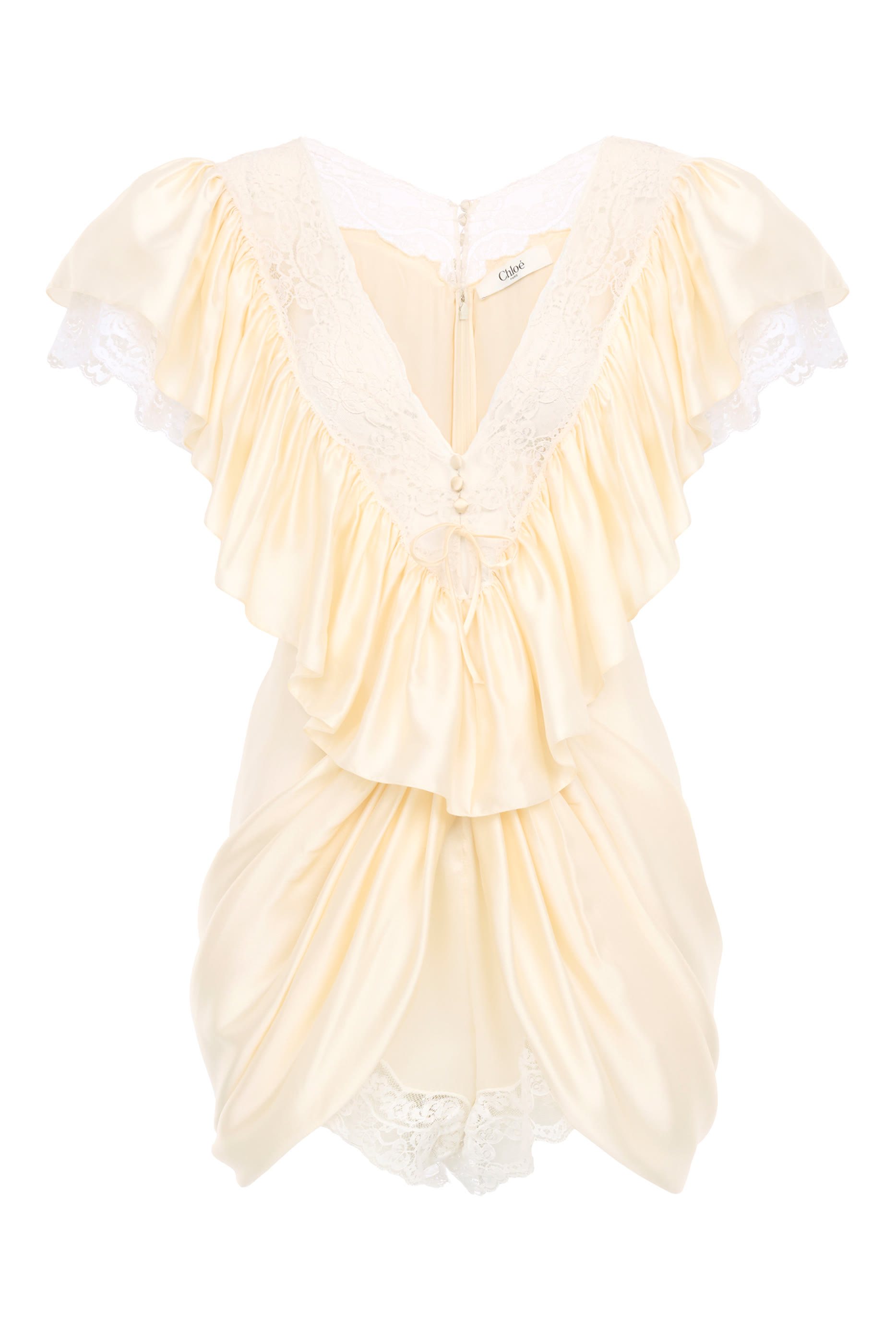 V-Neck Short Jumpsuit in Washed Silk Satin  Lace 