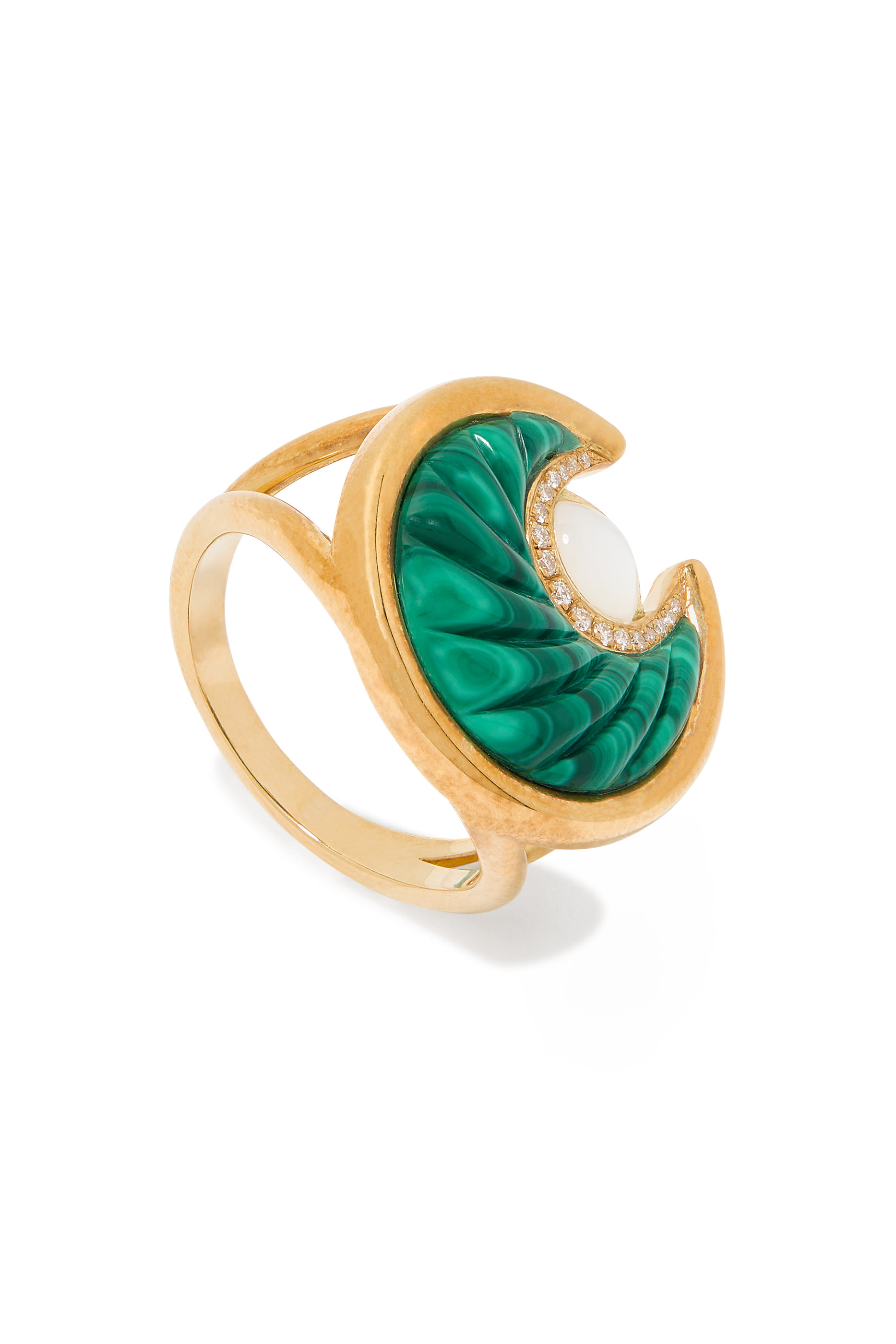 Circus Moon Ring, 18K Yellow Gold, with Diamonds, Malachite  Mother of Pearl 