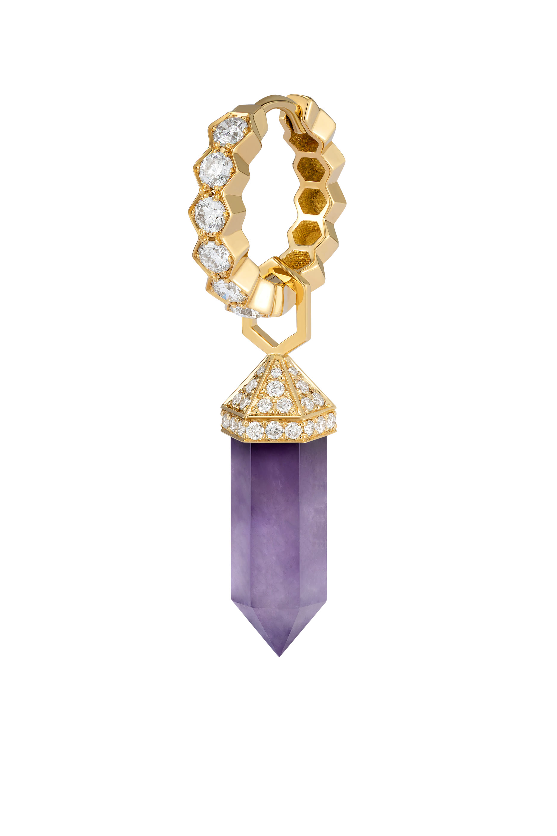  Chakra Small Single Earring,18K Yellow Gold with Diamonds  Amethyst