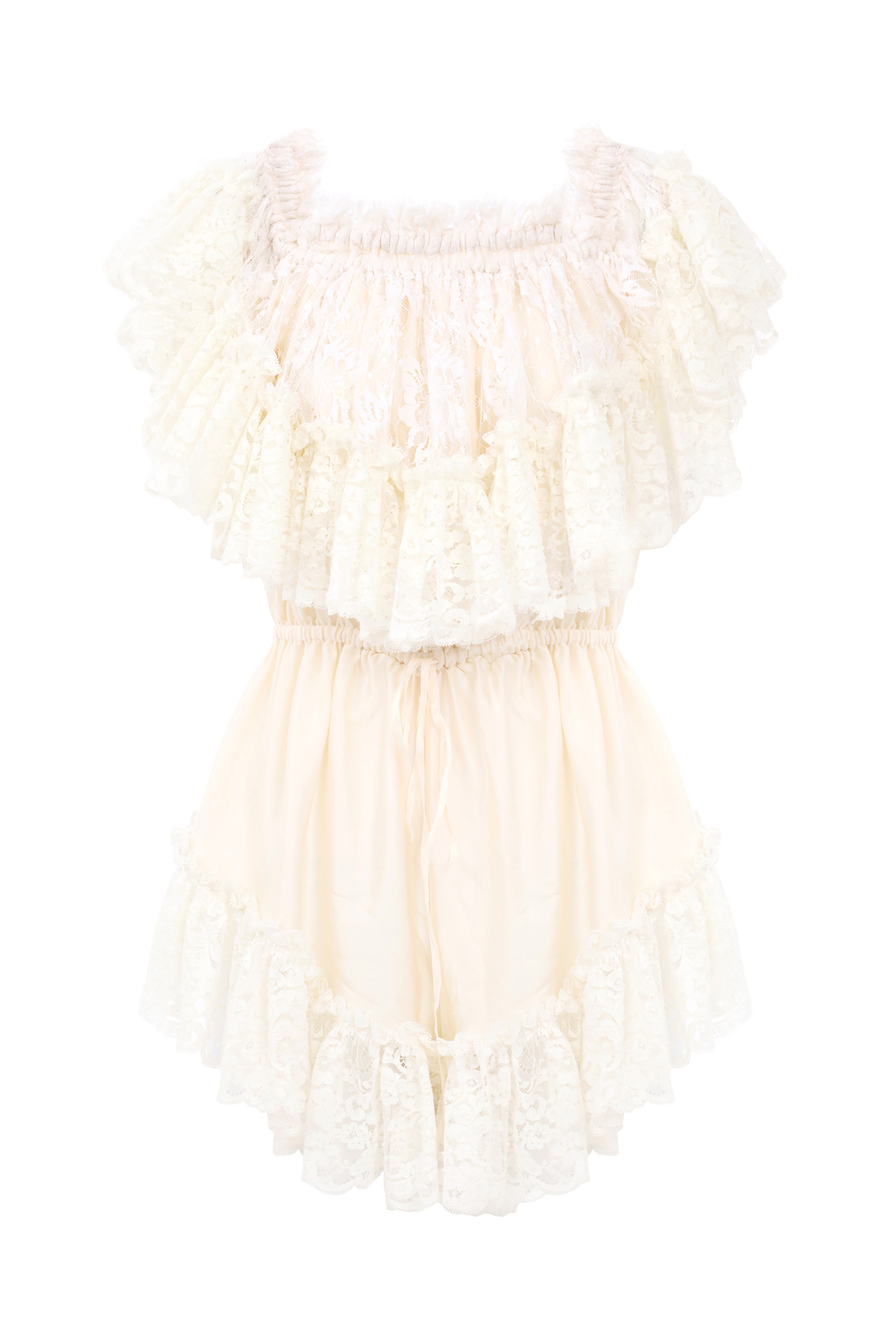 Off-the-Shoulder Mini Jumpsuit in Washed Silk Satin  Lace