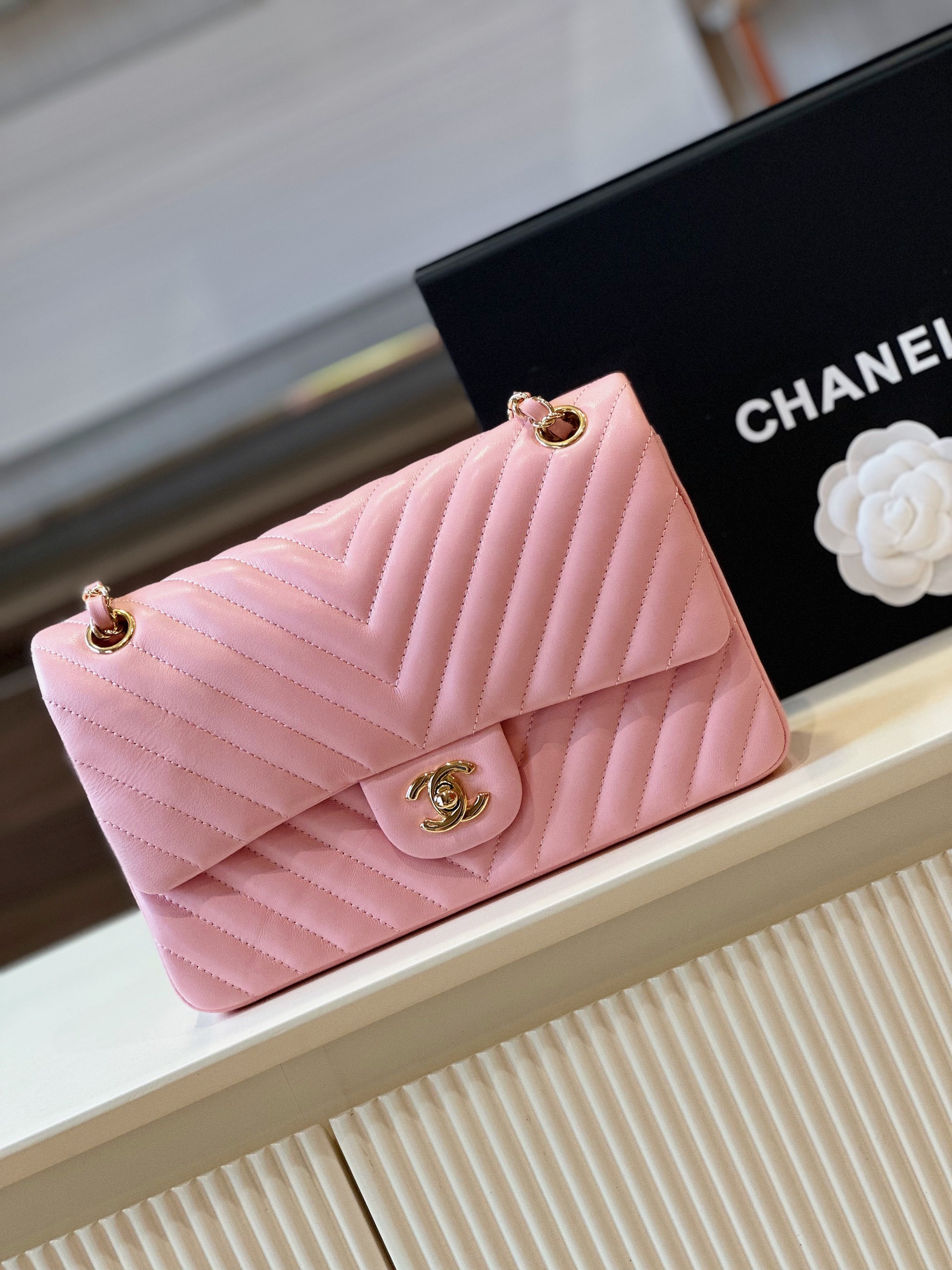 Tui Xach Chanel Classic Like Auth Hoa Tiet Chu V Mau Hong 23cm 5.jpg