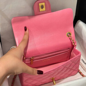 Tui Xach Nu Chanel Classic Chuong Da That Mau Hong Dam Khoa Vang Like Auth 20cm 5.jpg
